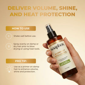 8oz Soapbox bottle beside a palm to show size and convenient travel-friendly benefit