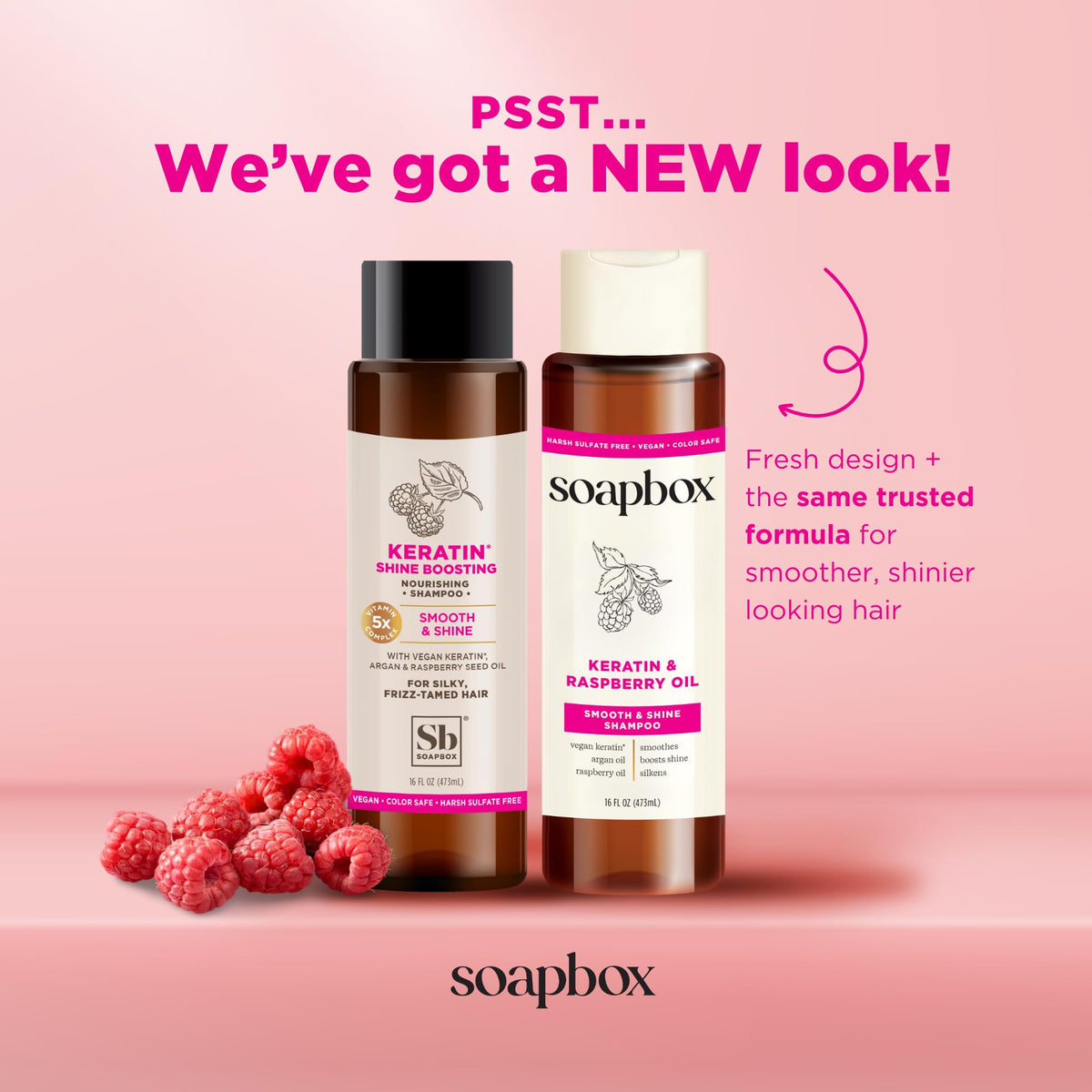Close-up of Soapbox label highlighting keratin and raspberry seed oil benefits