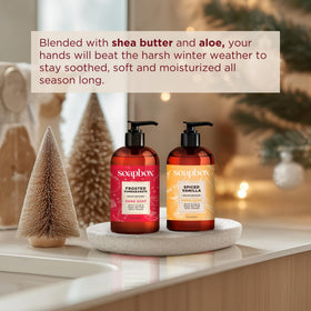 Soapbox bottle label detail listing aloe, shea butter and clean ingredients