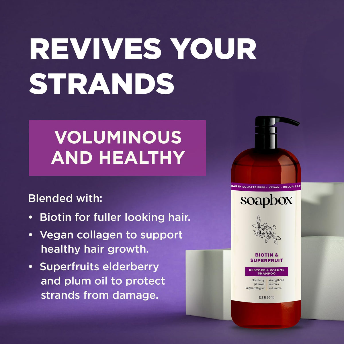 Soapbox label ingredients detail showing biotin, elderberry, plum oil benefits