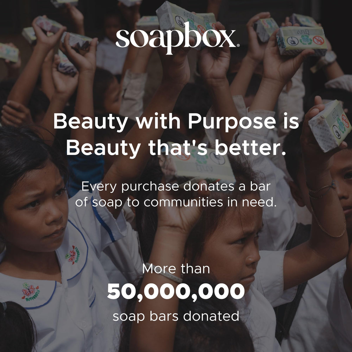 Soapbox packaging badge noting donation program and ethical benefit