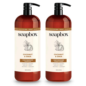 Soapbox front packaging showing coconut oil duo and benefits