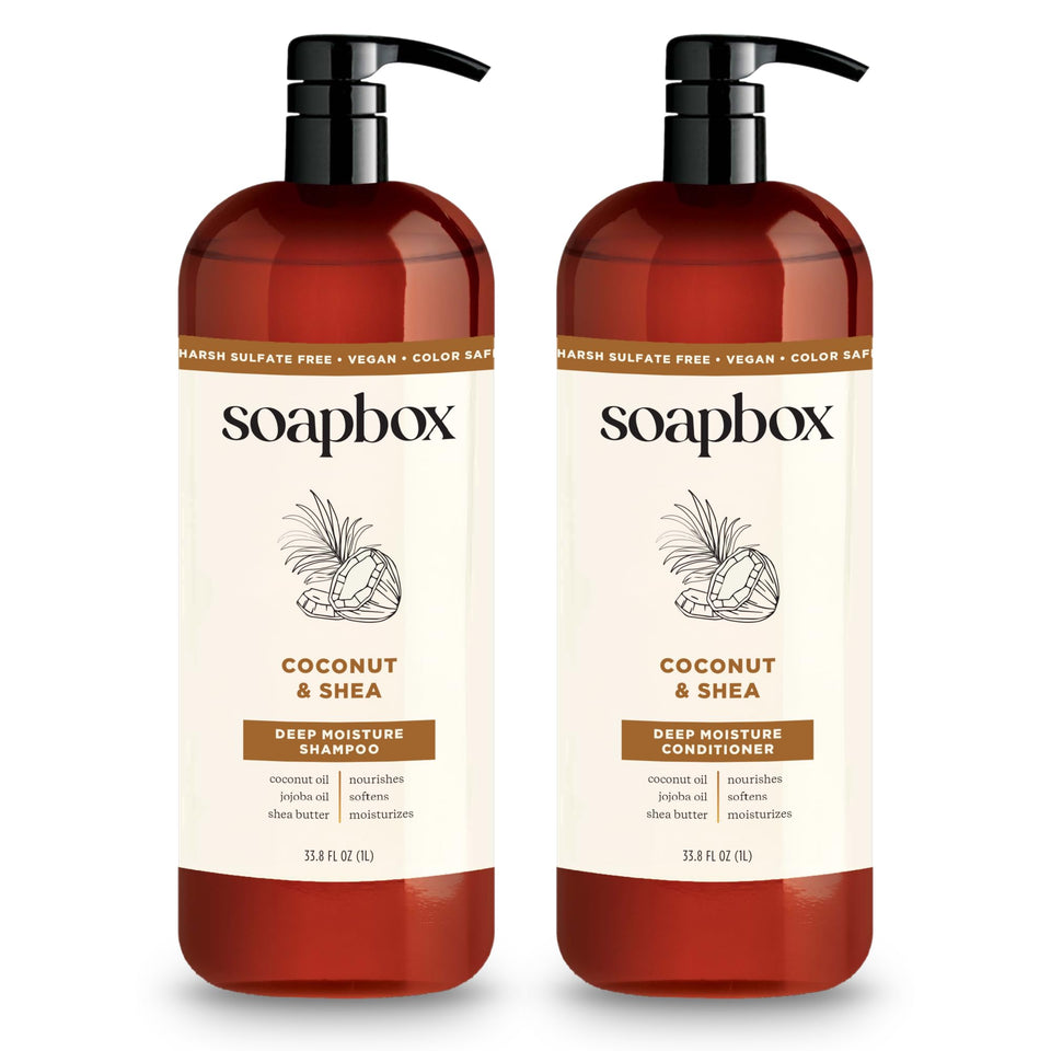 Soapbox front packaging showing coconut oil duo and benefits