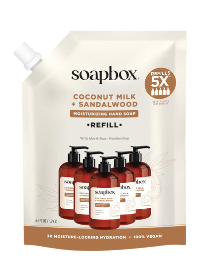 Soapbox front view of 64 oz refill shows product and scent benefit