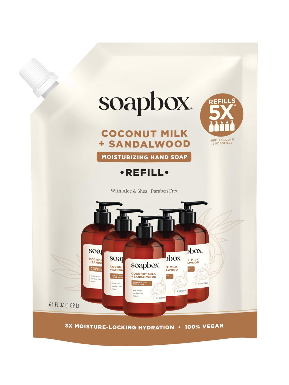 Soapbox front view of 64 oz refill shows product and scent benefit