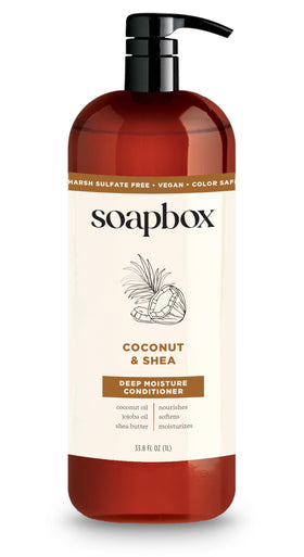 Soapbox coconut & shea front packaging showing bottle and label benefits