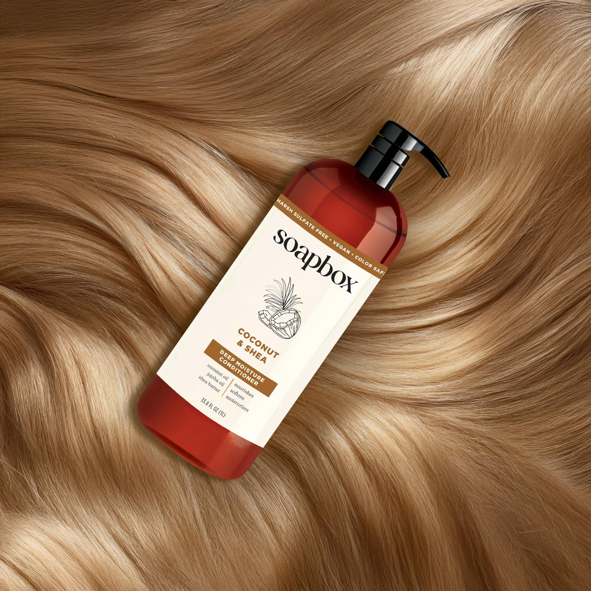 Soapbox coconut & shea hair before and after photos showing smoother hair benefit