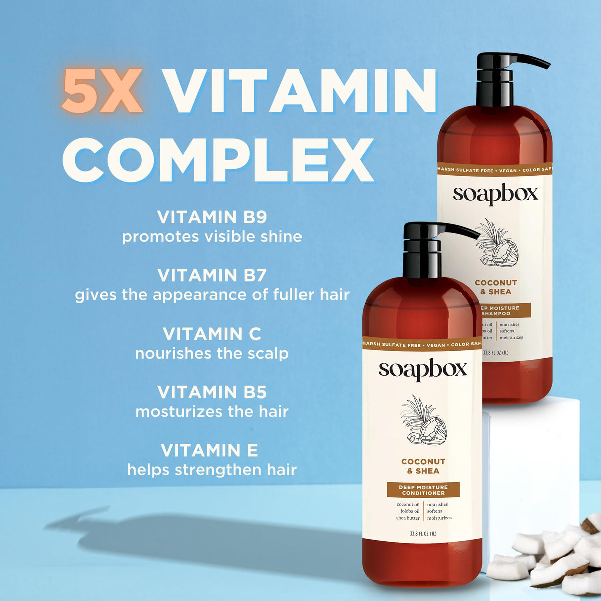 Soapbox coconut & shea in-shower use on damp hair illustrating application benefit