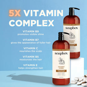 Soapbox coconut & shea in-shower use on damp hair illustrating application benefit
