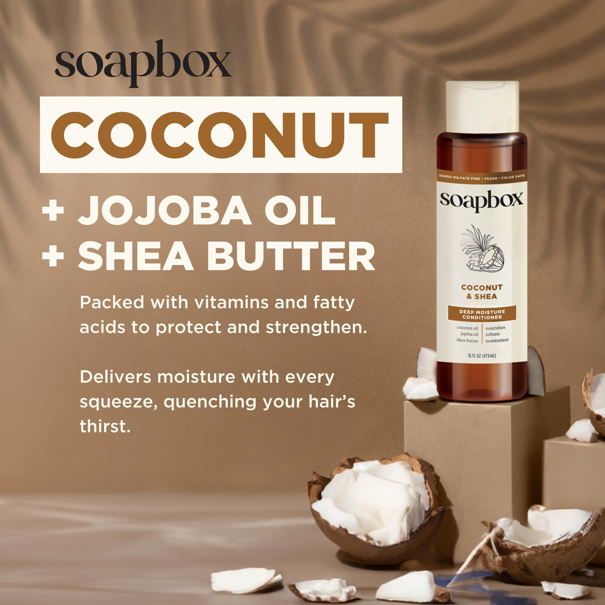Soapbox coconut & shea liter bottle in hand for size and value comparison