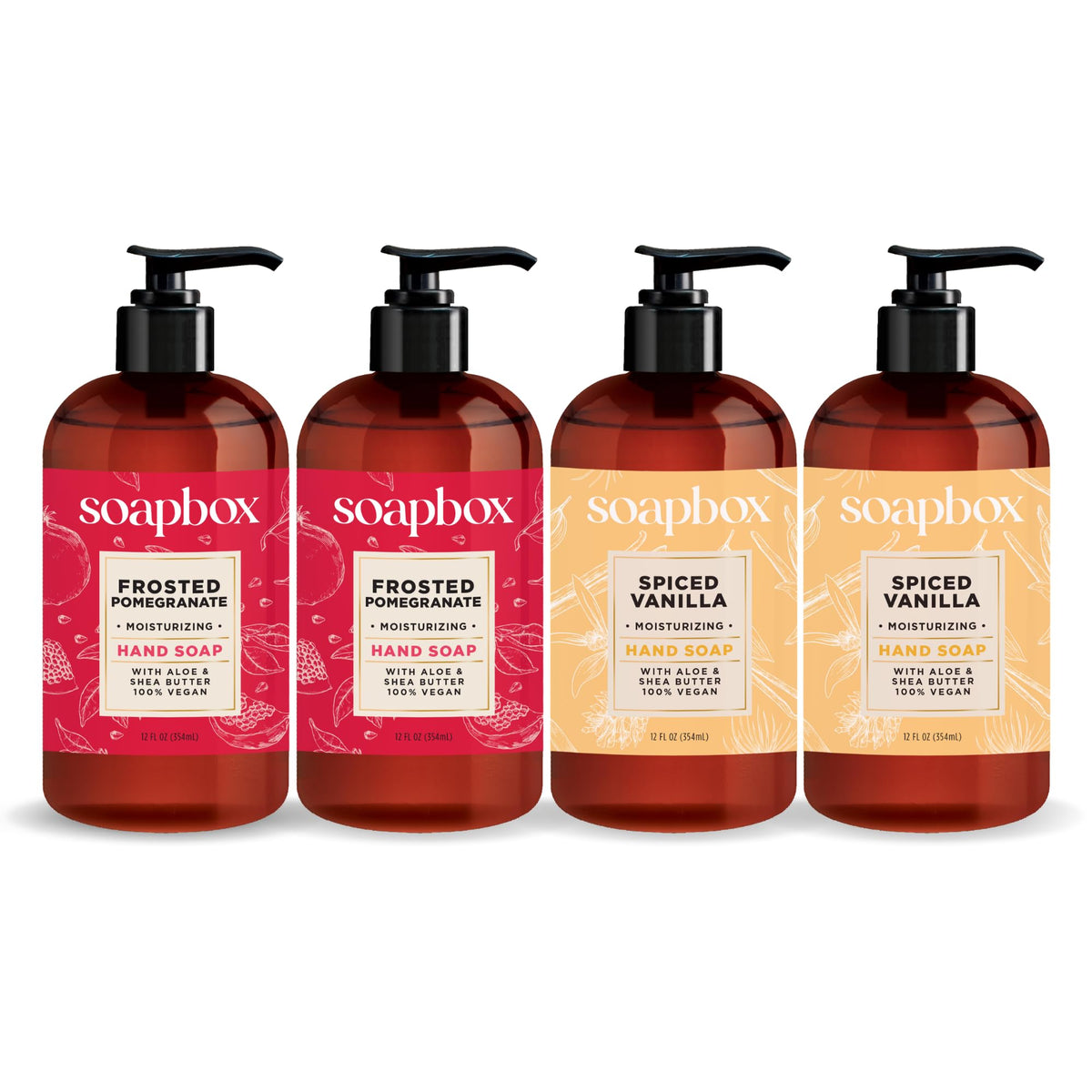 Soapbox front packaging showing spiced vanilla pomegranate and four-pack benefit