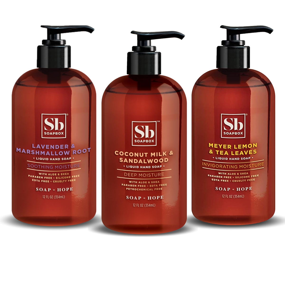 Soapbox three-bottle front packaging showing coconut lavender Meyer lemon benefits