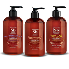 Soapbox three-bottle front packaging showing coconut lavender Meyer lemon benefits