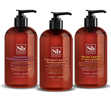 Soapbox three-bottle front packaging showing coconut lavender Meyer lemon benefits
