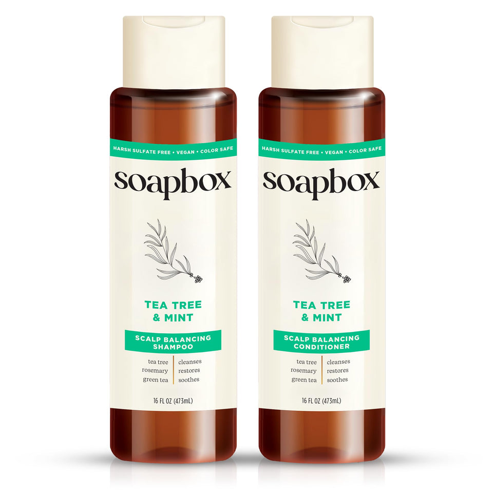 Soapbox front packaging showing both bottles and clear product identity and benefit
