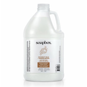 Soapbox gallon front label showing scent and size, clear product identity and benefits