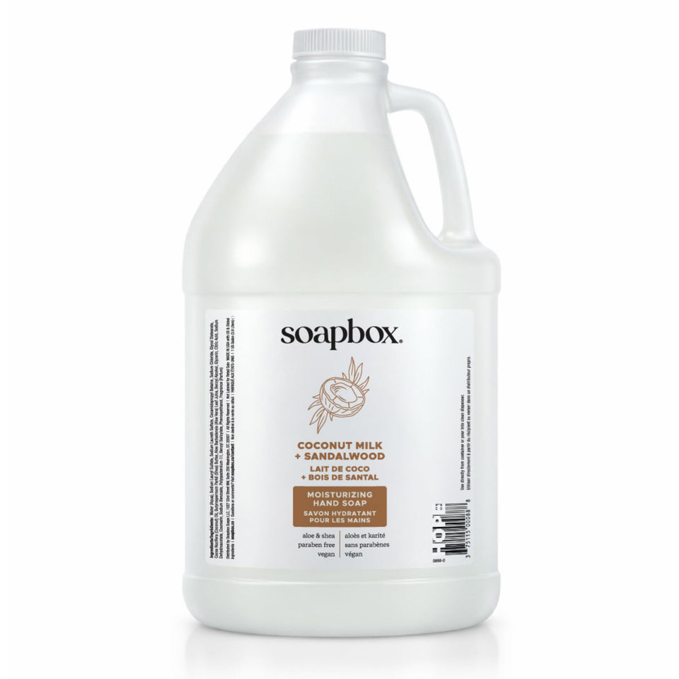 Soapbox gallon front label showing scent and size, clear product identity and benefits