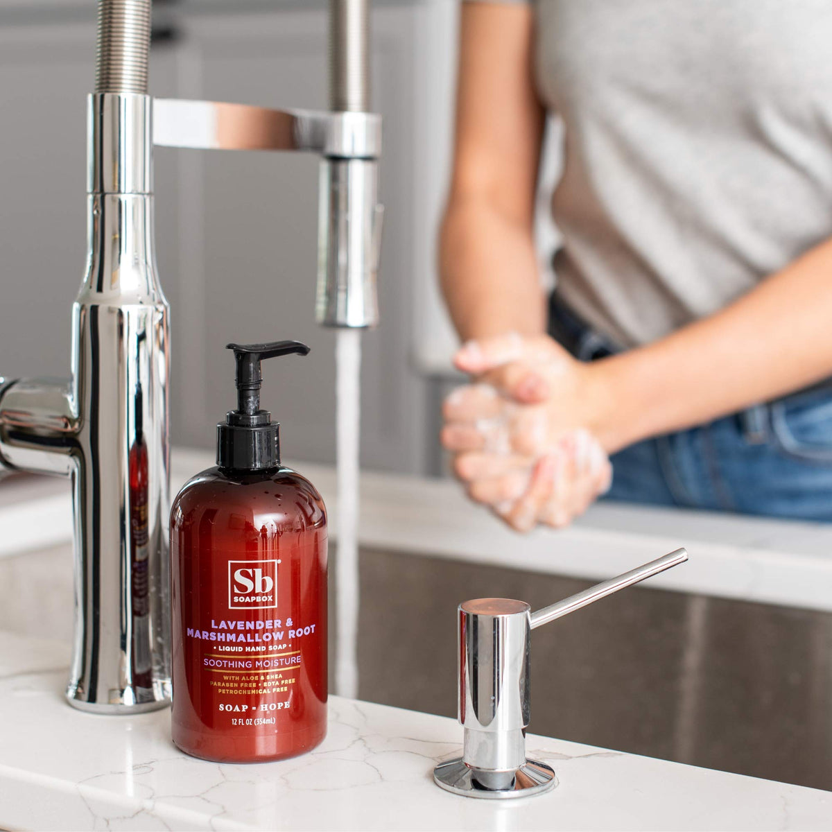 Soapbox hand wash in kitchen sink showing everyday household use