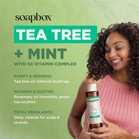 Soapbox in-use shower scene with foam that soothes and refreshes scalp