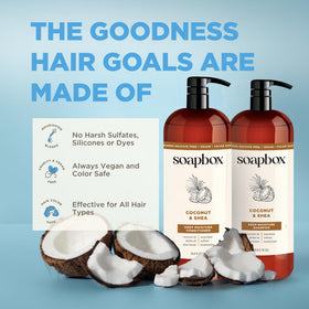 Soapbox ingredients display with coconut, jojoba, aloe and shea