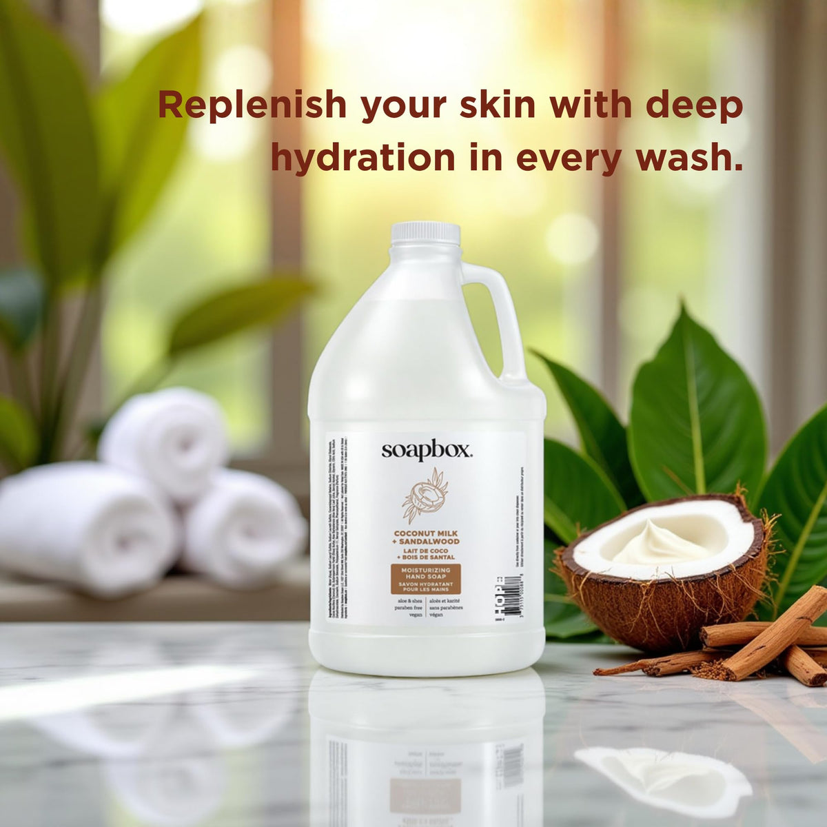 Soapbox ingredients label close-up, displays vegan and paraben-free formulation
