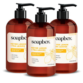 Soapbox bottle front packaging showing scent and clean design benefits