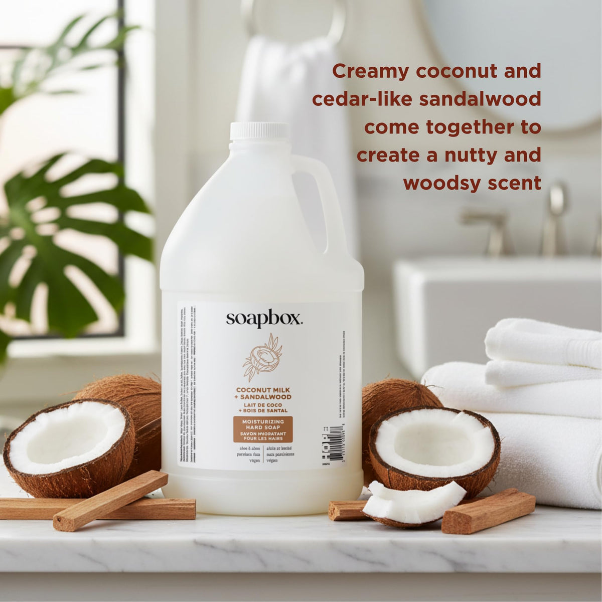 Soapbox pouring refill into dispenser, easy-transfer action reduces spills and waste