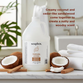 Soapbox pouring refill into dispenser, easy-transfer action reduces spills and waste