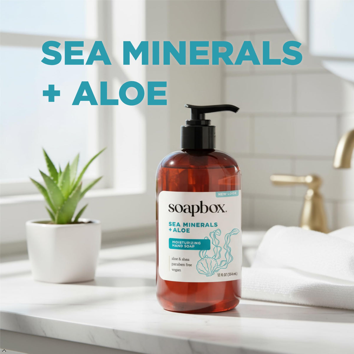 Soapbox bottle on a bathroom sink conveying everyday moisturizing hand care
