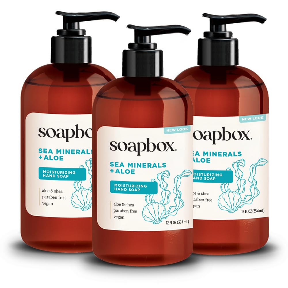 Soapbox front packaging showing three moisturizing hand soap bottles and benefits