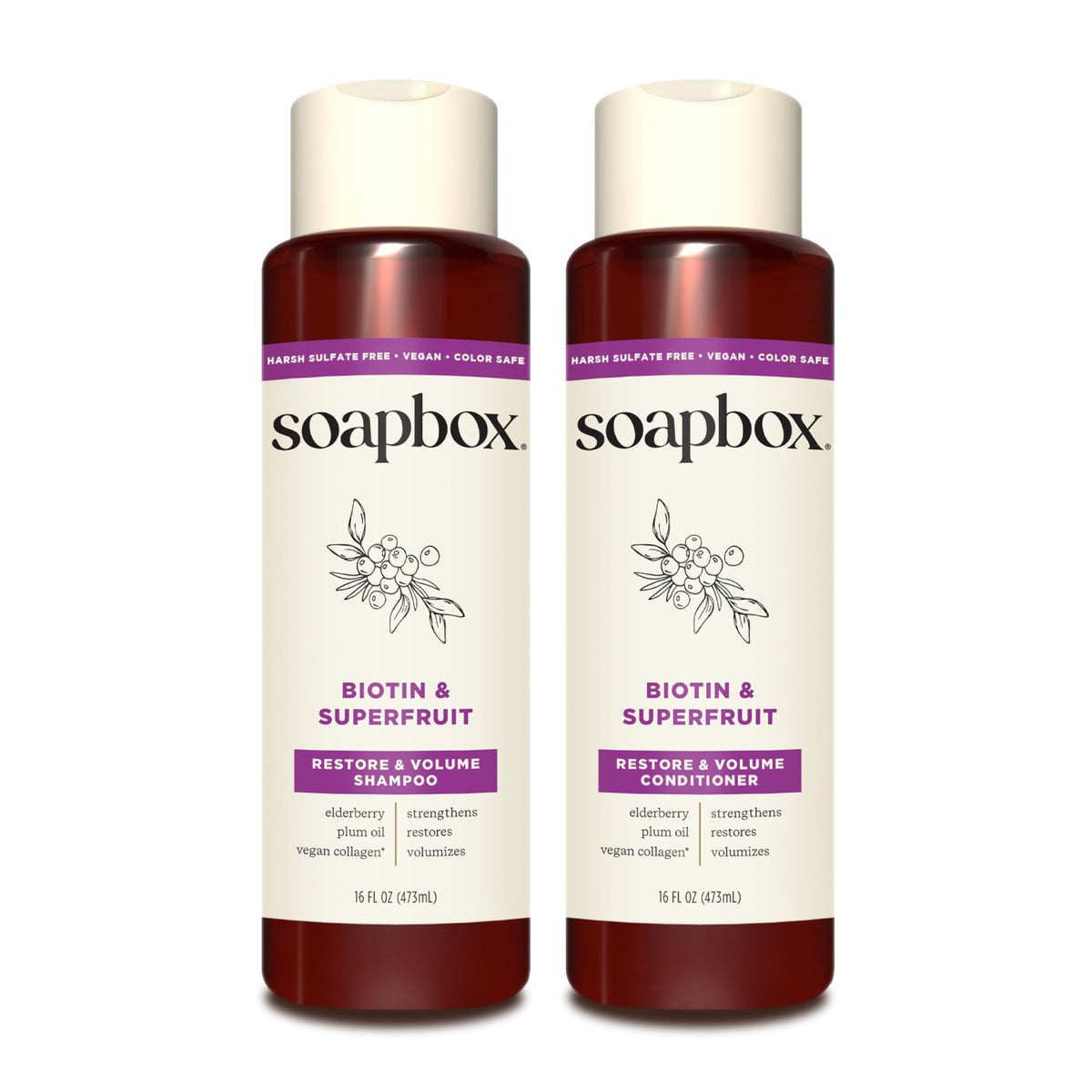 Soapbox shampoo and conditioner front packaging showing volume benefits