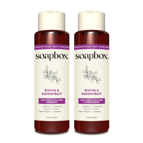 Soapbox shampoo and conditioner front packaging showing volume benefits