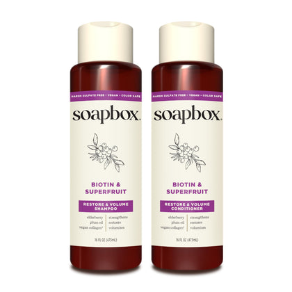 Soapbox shampoo and conditioner front packaging showing volume benefits