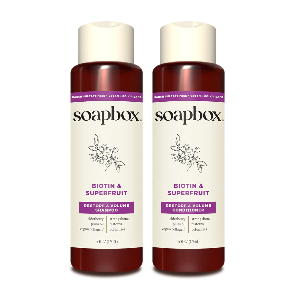 Soapbox shampoo and conditioner front packaging showing volume benefits