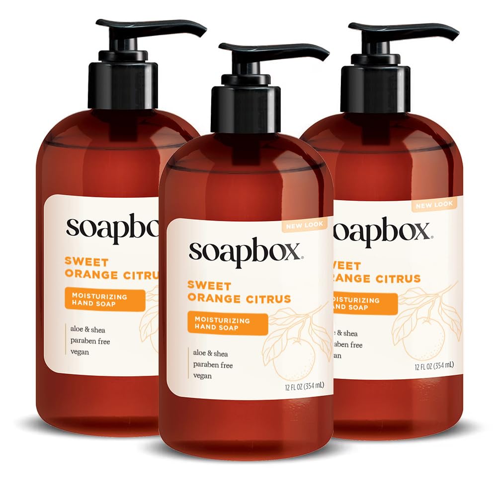 Soapbox bottle front packaging showing sweet orange scent and benefits