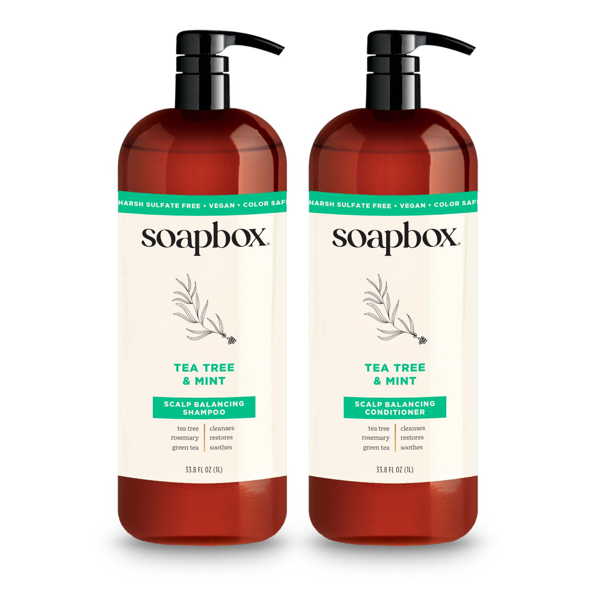 Soapbox front packaging showing shampoo and conditioner, clear brand benefit