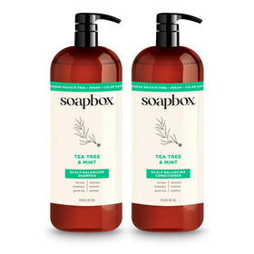 Soapbox front packaging showing shampoo and conditioner, clear brand benefit