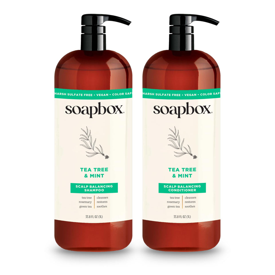 Soapbox front packaging showing shampoo and conditioner, clear brand benefit