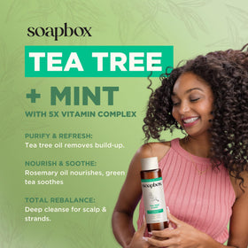 Person using Soapbox in shower, illustrating refreshing scalp cleanse and ease of use