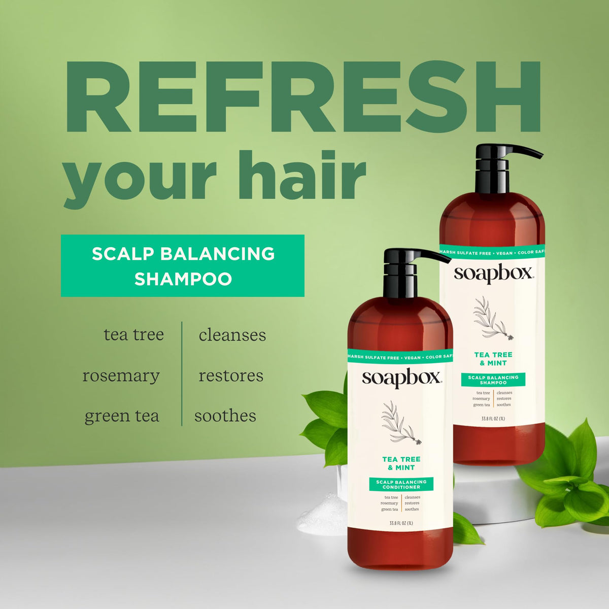 Soapbox shampoo texture on hand, shows gentle lather and scalp-refreshing benefit