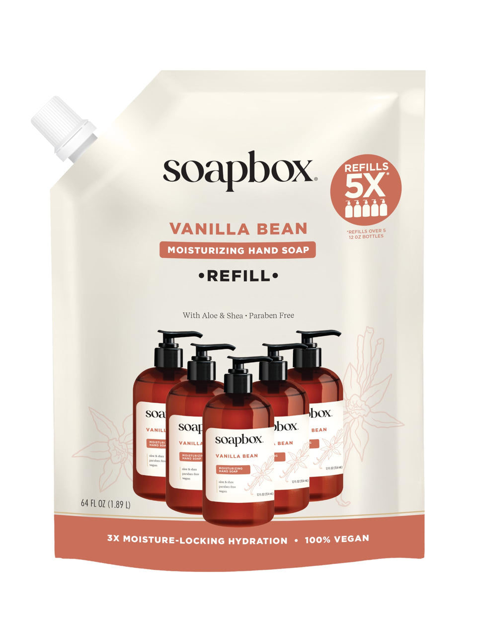 Soapbox vanilla bean front bottle showing refill size and label benefiting home convenience