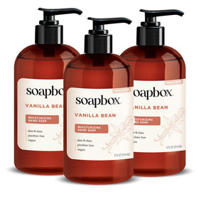 Soapbox front label showing vanilla bean scent and moisturizing claim, clean presentation