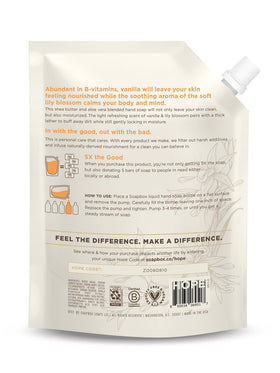 Soapbox vanilla bean soap pumped into hands delivering gentle cleansing benefit