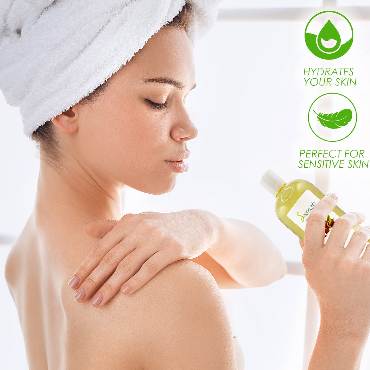 Soapeauty almond oil pouring from bottle demonstrating smooth viscosity and easy use