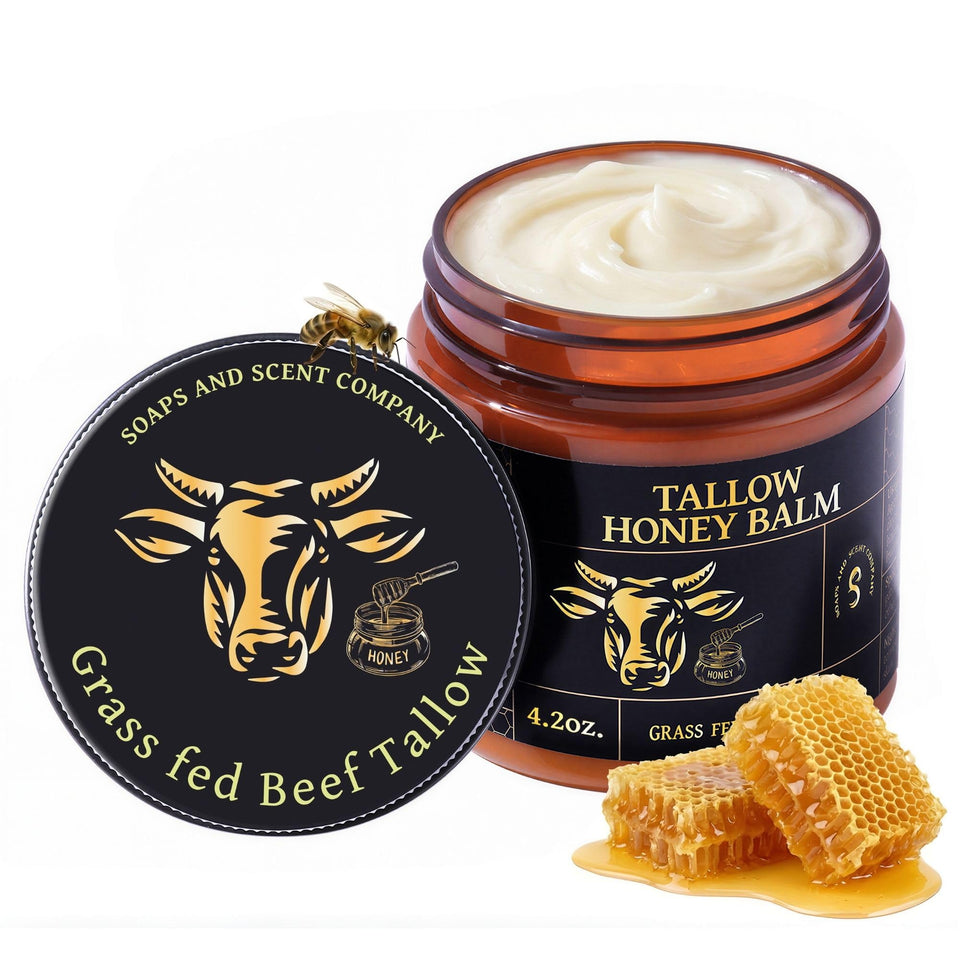 Soaps and Scent front jar showing grass-fed tallow balm for nourishing skin