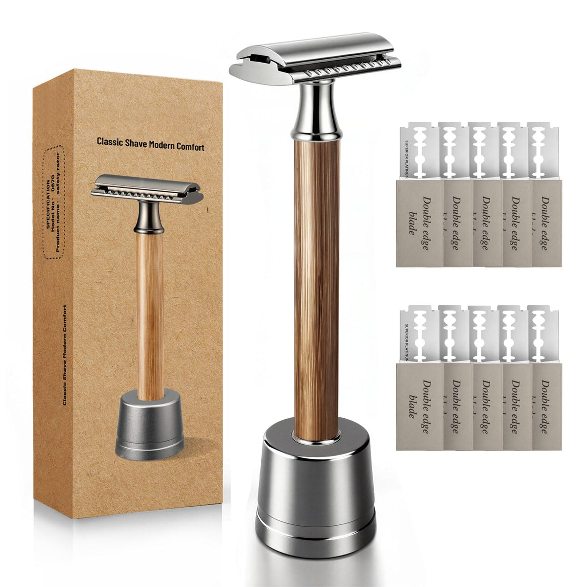 SOBIY razor front view showing balanced bamboo handle and metal head for steady shaves