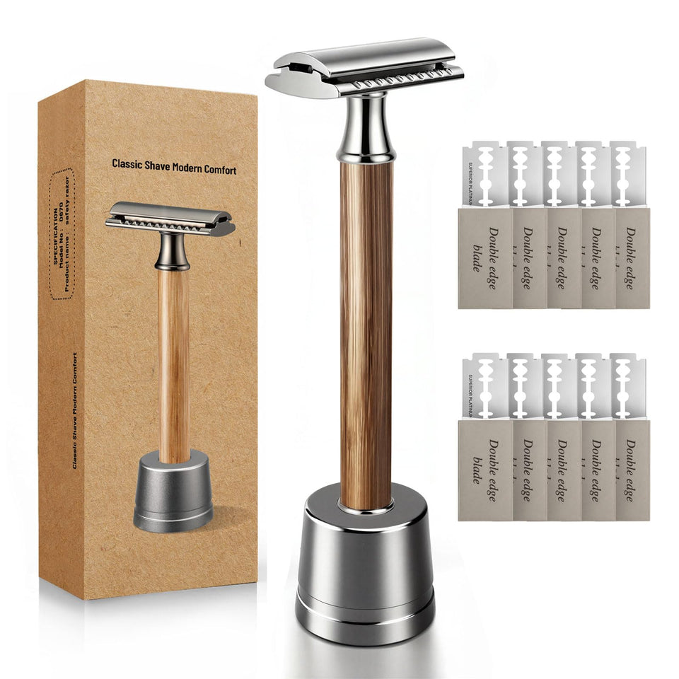 SOBIY razor front view showing balanced bamboo handle and metal head for steady shaves