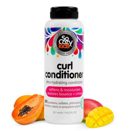 SoCozy front bottle of curl conditioner showing label and size, easy identification benefit