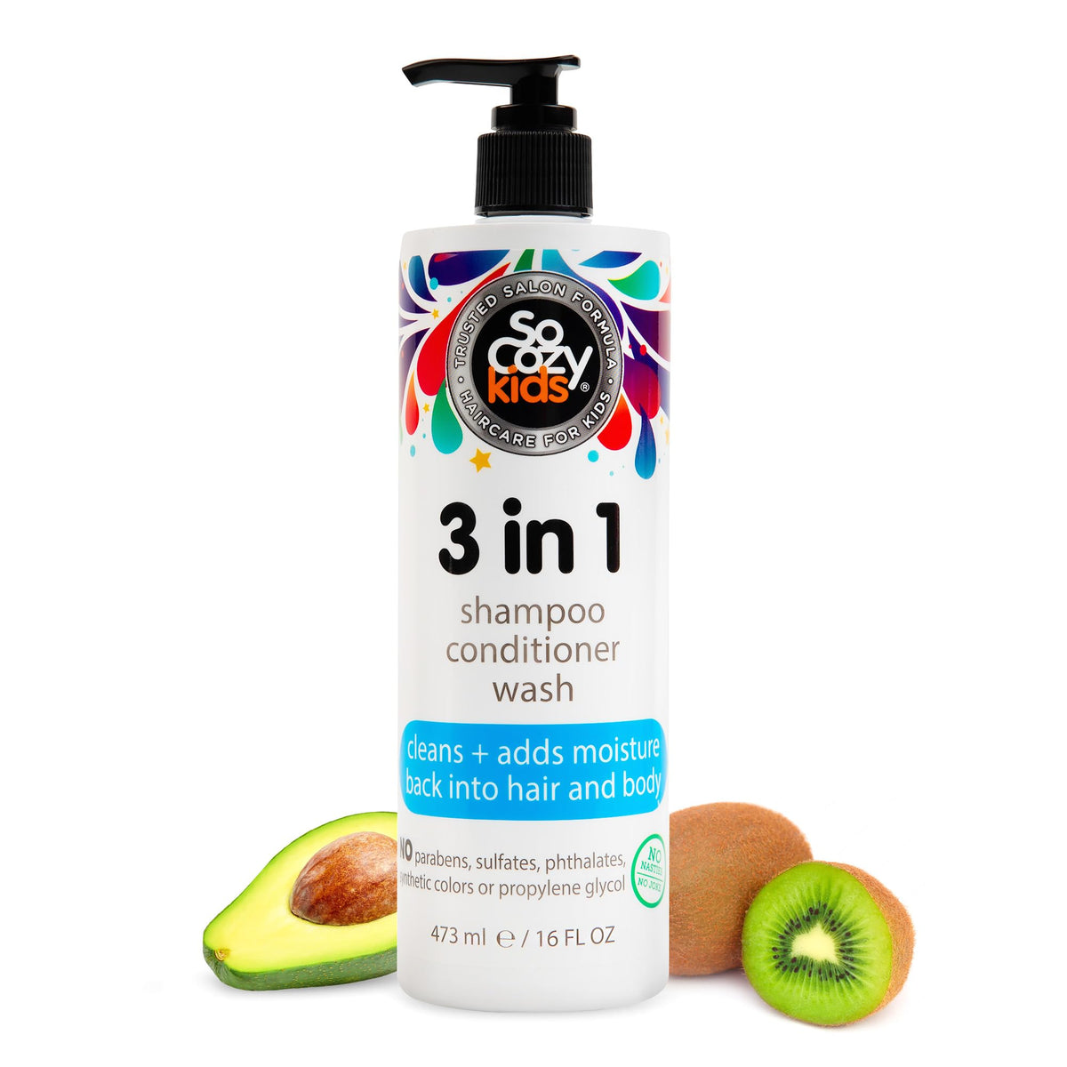 SoCozy front label showing 16 fl oz bottle and kid-friendly design benefit: clear identity