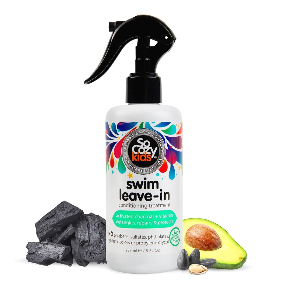 SoCozy front packaging showing swim leave-in spray benefits